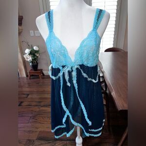 Shirley of Hollywood Sexy Teal Blue Lace Sheer Lingerie Slip Dress Babydoll XL